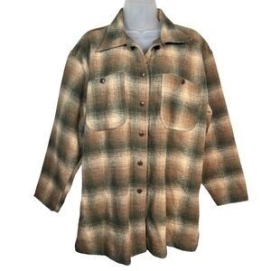 Woolrich Womens Plaid Wool Blend Shirt Jacket Brown Green Sz Medium Shacket